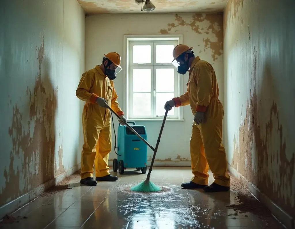 A professional team actively removing mold from walls using specialized tools and safety gear