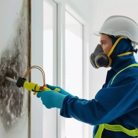 technician removing mold on house walls.